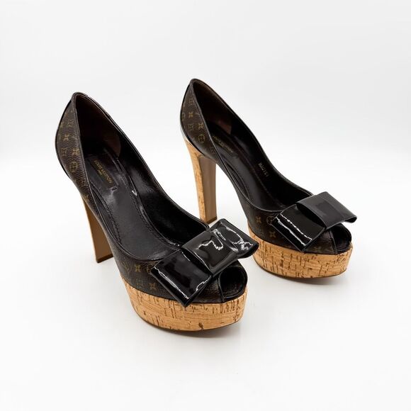 Louis Vuitton Monogram Platform Heels Peep Toe Bow Pumps  EU 38.5 US 8.5 - Picture 1 of 13